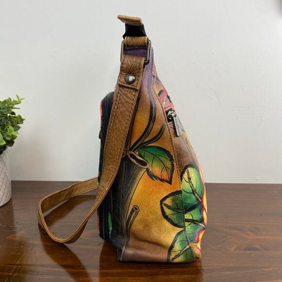 Anuschka Hand Painted Multi Pocket Hobo Leather Crossbody Bag Cat Floral Motif - Picture 7 of 14